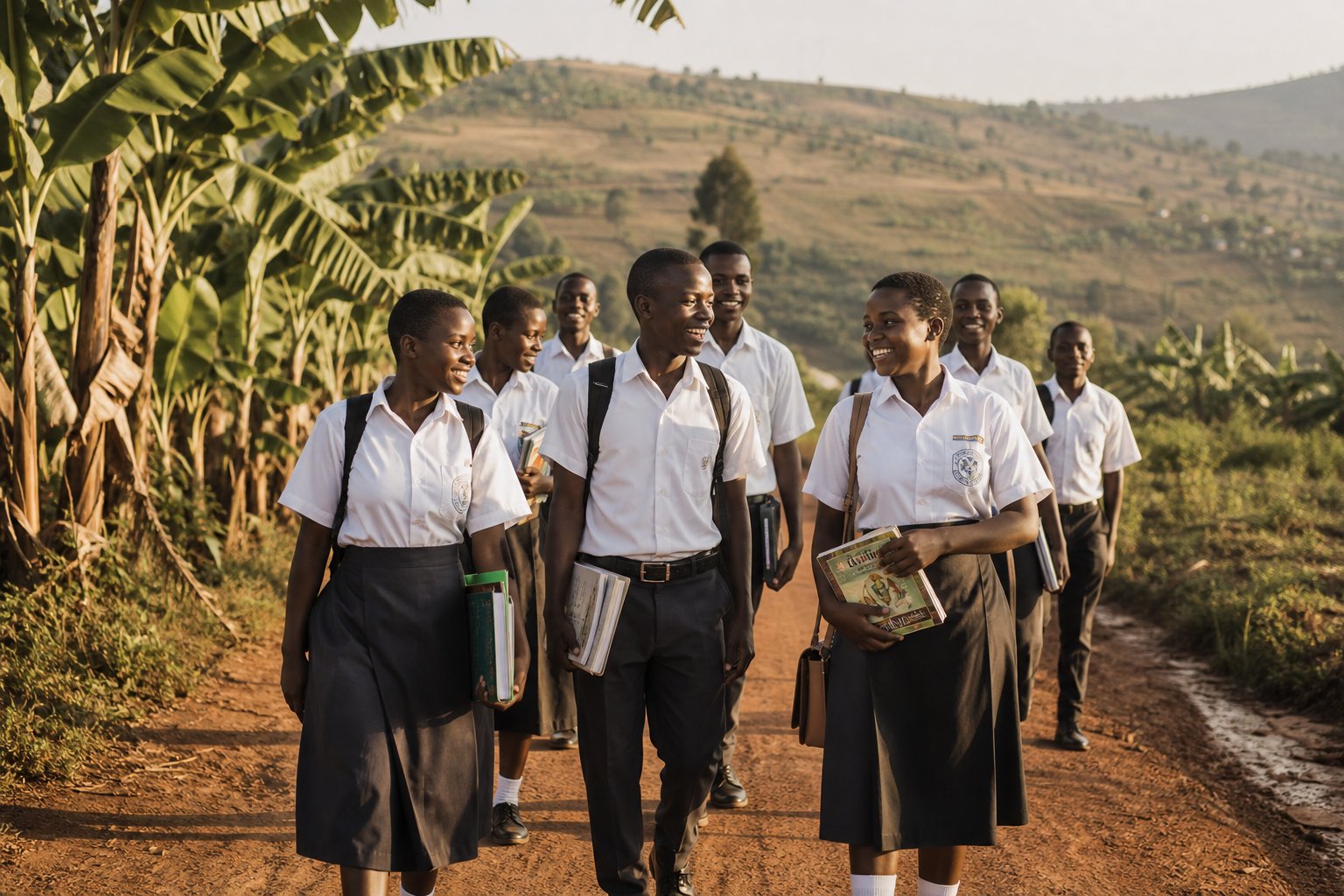Students in Uganda walking to school together along a rural road at golden hour